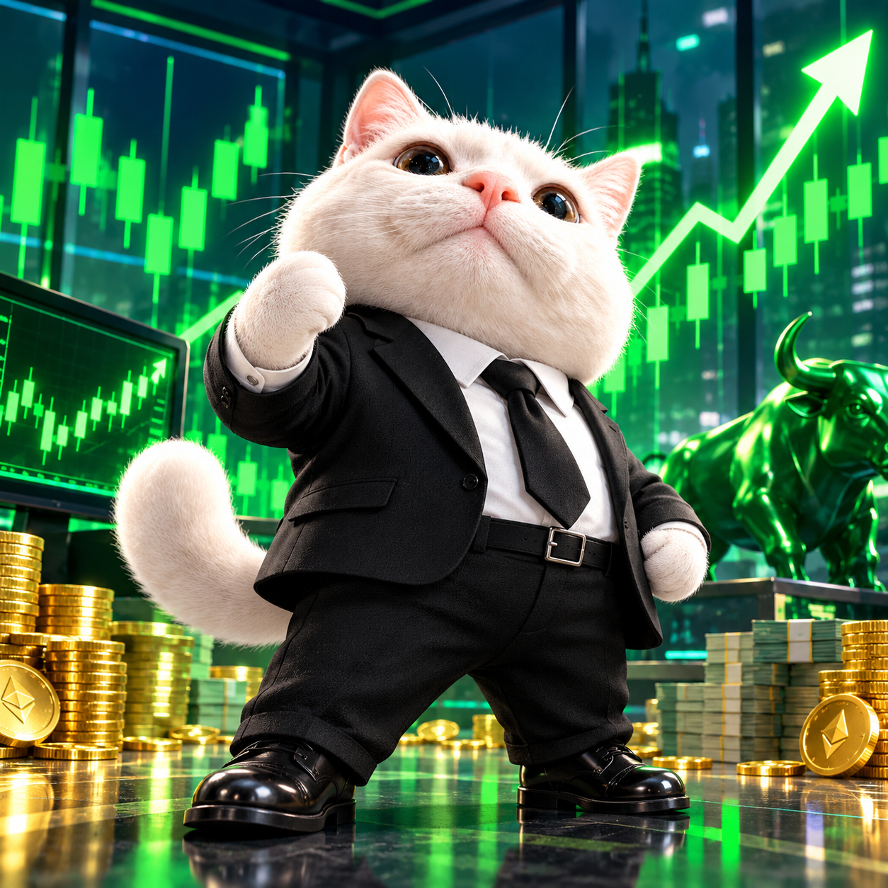 StockCat sitting at PC screener in dark trading room